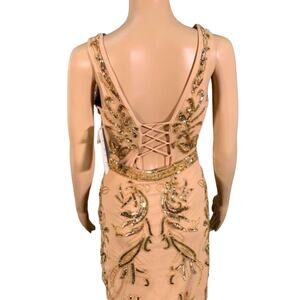 NWT Scala Formal Cocktail Dress SZ. 00 Mink & Gold ELEGANT Sequin CORSET BACK
